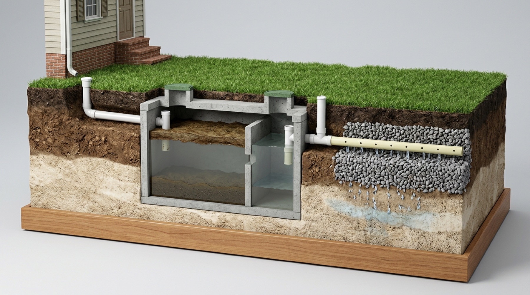 Cutaway model of a residential septic system showing the house line, buried tank with layered contents, and gravel drainfield
